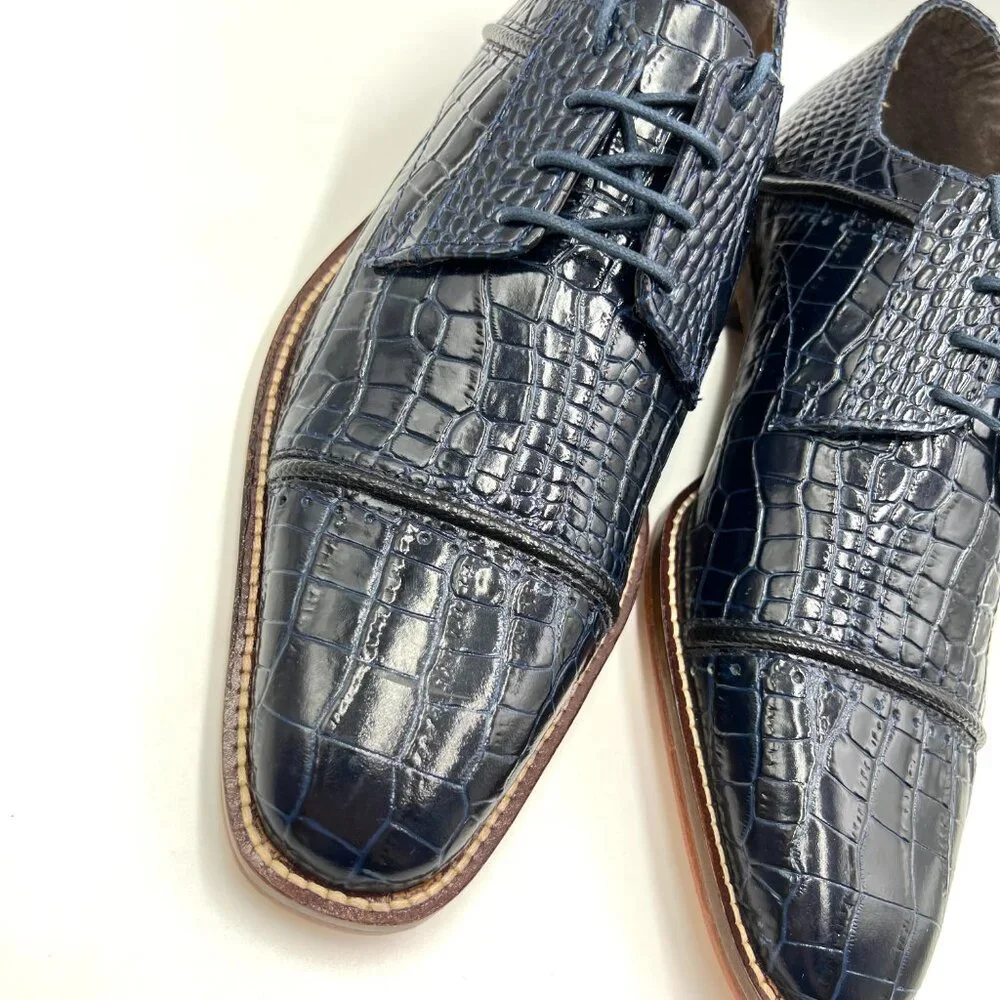 Stacy Adams Mens Raimondo Blue Leather Croc Cap Toe Oxfords‎ Dress Shoes